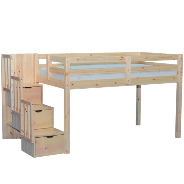 Junior Staircase Mid Loft Bed Natural | Wooden Low Loft Bed w Stairs ...